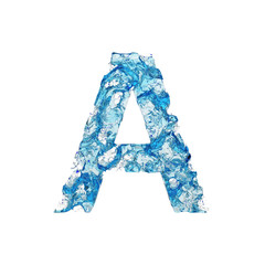 Alphabet letter A uppercase. Liquid font made of blue transparent water. 3D render isolated on white background.
