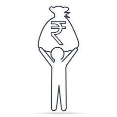 Man carrying Rupee INR currency in bag money, simple line icon illustration