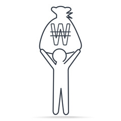 Man carrying Won KRW currency in bag money, simple line icon illustration