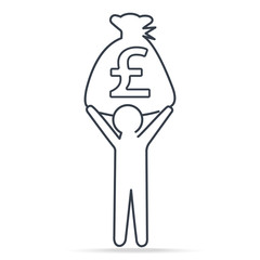 Man carrying Pound GBP currency in bag money, simple line icon illustration