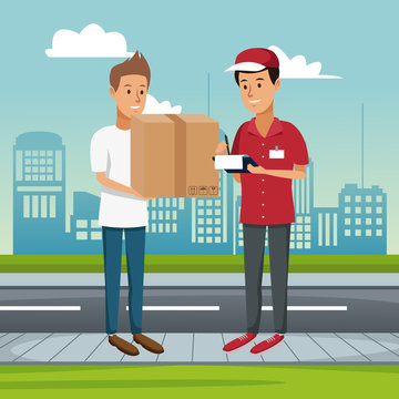 Courier delivering package cartoon vector illustration graphic design