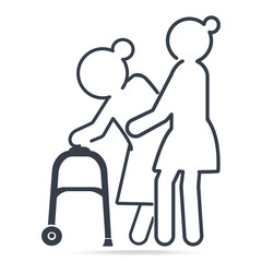 Woman helps elderly woman patient with walker, simple line icon illustration