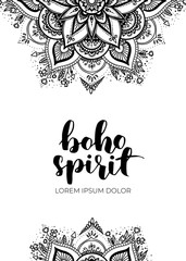 Abstract mandala banner design. Vector creative illustration with oriental boho elements. Black isolated theme flyers template