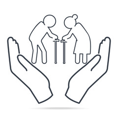 Elderly Couple in hands icon, simple line icon illustration. Protect and care people concept