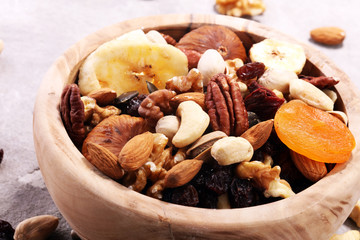 Composition with dried fruits and assorted healthy nuts