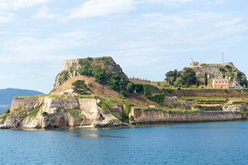 Naklejka premium corfu island sea houses old medieval style Greece