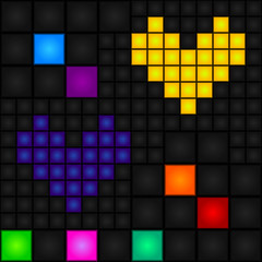 Seamless, pixel pattern with blue and yellow hearts and multicolored squares. Vector. LED-Display.