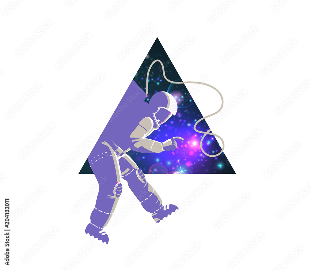 Sticker abstract poster with astronaut in open space and triangle shape. vector illustration.