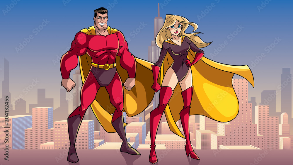 Poster illustration of happy and smiling superhero couple, standing tall on rooftop above the city.