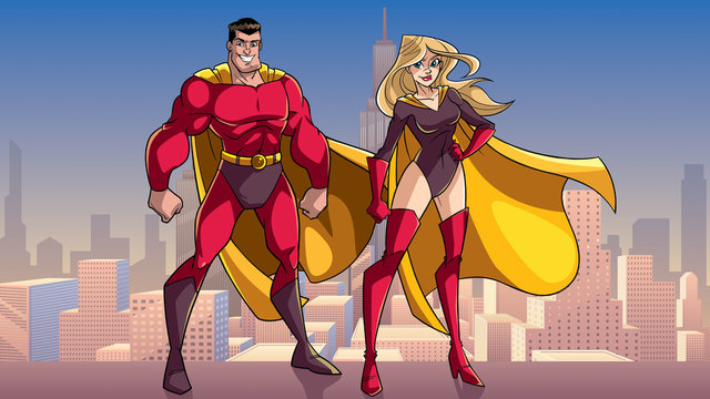 Illustration of happy and smiling superhero couple, standing tall on rooftop above the city.