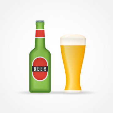 Beer bottle and glass isolated on white background. Vector illustration.