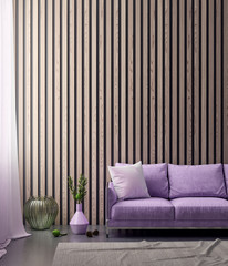 Mock up poster frame in hipster interior background in pink colors and Wooden panels, 3D render, 3D illustration