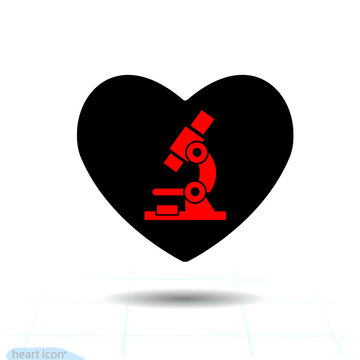 Heart vector black icon, Love symbol. Microscope in heart. Valentines day sign, emblem, Flat style for graphic and web design, logo