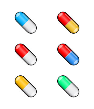 cartoon capsule pill set isolated on white background