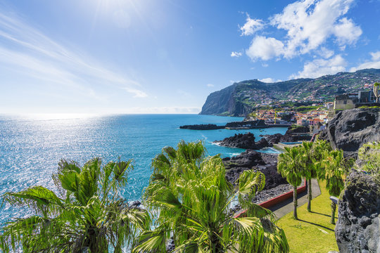 View of Camara de Lobos, Cabo Girao in background, Madeira island, Portugal
