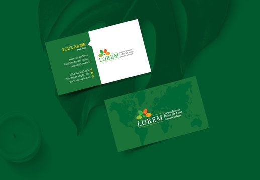 Green Business Card Layout with World Map Element