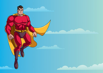 Full length illustration of happy cartoon superhero wearing cape and red costume while flying up in the sky. © Malchev