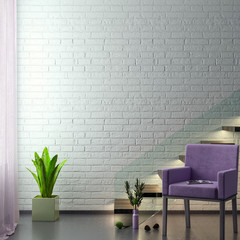Mock up poster frame in hipster interior background in pink colors and brick wall, 3D render, 3D illustration