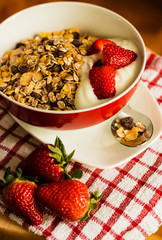 Healthy breakfast concept with oat flakes on tablecloth