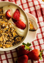 Healthy breakfast concept with oat flakes on tablecloth