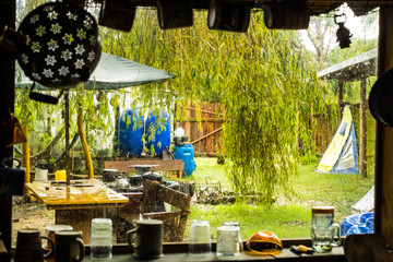 raindrops on the window glass of camping