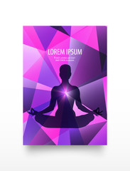 Human or female body in yoga lotus asana on neon purple colorful bright modern geometric abstract background. Flyer or card in trendy colors in low poly style. Meditation and Soul Center