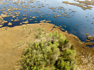 drone image. aerial view of rural area with fields and forests and swamp lake with blue water