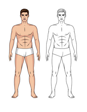 Vector set of cartoon and line art illustration of a handsome fit guy isolated from background. Paper doll of a man in front at full length