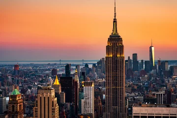 Abwaschbare Fototapete New York Luftbild auf die Skyline der Stadt in New York City, USA bei Sonnenuntergang