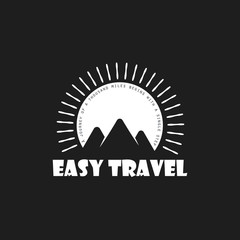 Travel Logo in flat style with mountains on the sunset background, in black and white colors