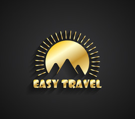 Fototapeta premium Travel Logo with gold mountains on the sunset background and shadow