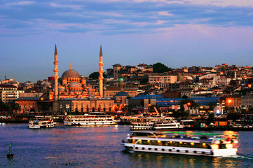 Aerial view of harbor with ships going down the river Bosporus in Istanbul, Turkey