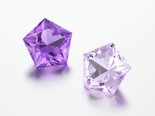 3D illustration two purple pentagon diamonds stones..