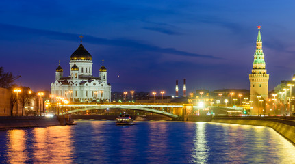Night view of Cathedral of Christ the Savior, Moscow Kremlin and Moscow river. Architecture and landmarks of Moscow.