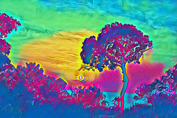 Neon sunset sky with tree silhouette digital illustration. Tropical sunset psychedelic travel card.