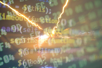 City street with binary code numbers on motion blurred asphalt road , speed and faster digital matrix technology information concept . Long exposure