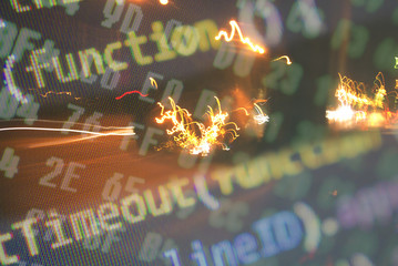 City street with binary code numbers on motion blurred asphalt road , speed and faster digital matrix technology information concept . Long exposure