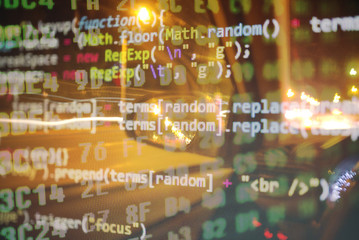 City street with binary code numbers on motion blurred asphalt road , speed and faster digital matrix technology information concept . Long exposure