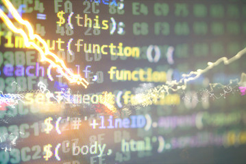 City street with binary code numbers on motion blurred asphalt road , speed and faster digital matrix technology information concept . Long exposure