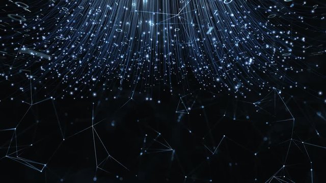 Optical fibers animation with binary numbers on black cyberspace background. 