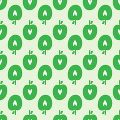 Repeating silhouettes of apples with hearts. Organic fruit seamless pattern.