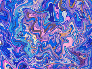 Blue pink marbled background. Detailed digital marbling backdrop. Bright blue abstract pattern.