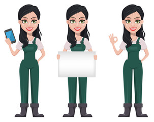 Obraz premium Gardener woman, cartoon character in uniform