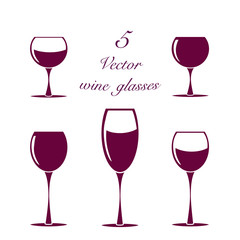 Set of wine glasses, collection of simple vector elements isolated.