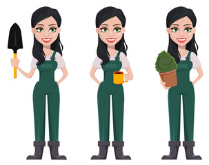Gardener woman, cartoon character in uniform