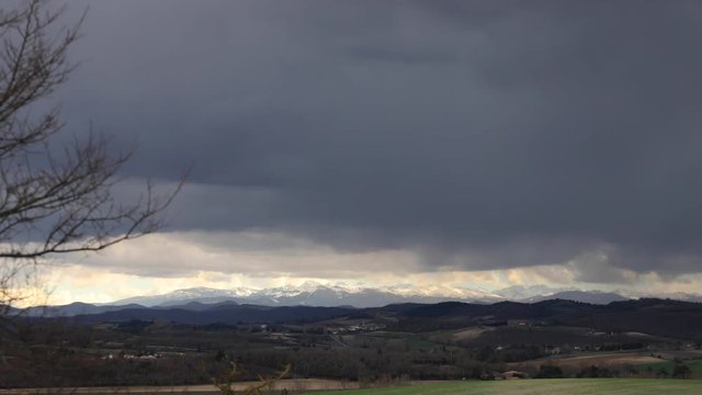 Time lapse of storm clouds over pyrenean mountains in Aude, Languedoc in southern of France