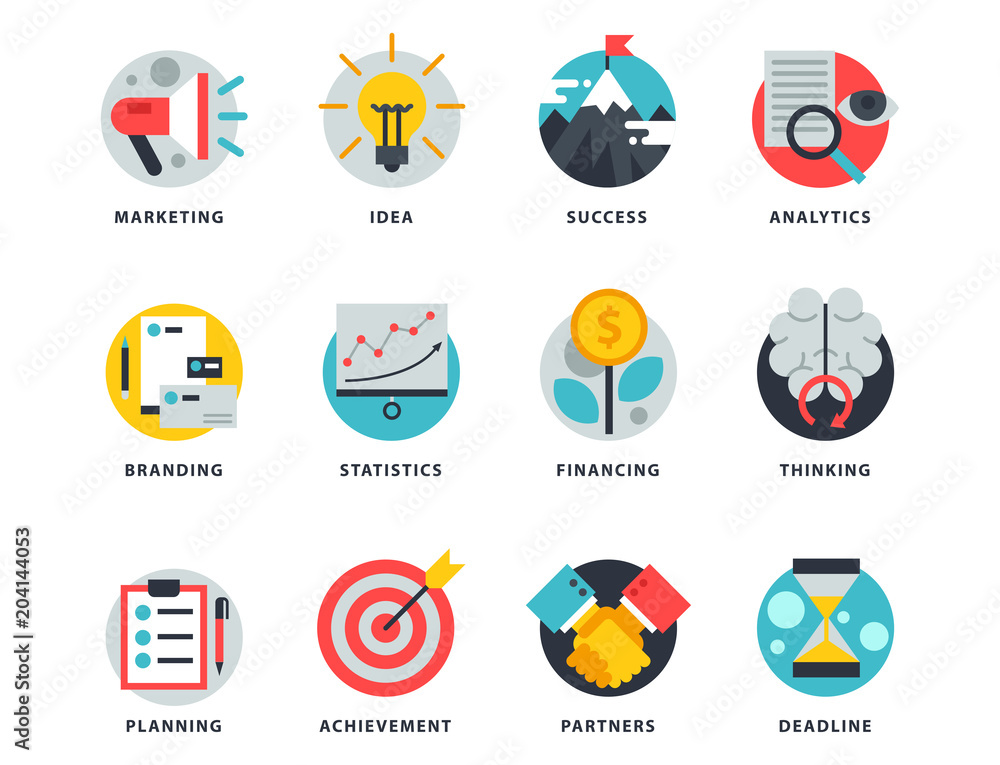 Aufkleber startup and strategy web busines icon set for websites ui management finance start up vector illustr