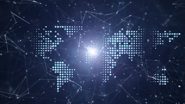 Cyberspace with world map motion, view from space. 