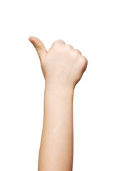 Hand of a child, thumbs up on a white background, isolated
