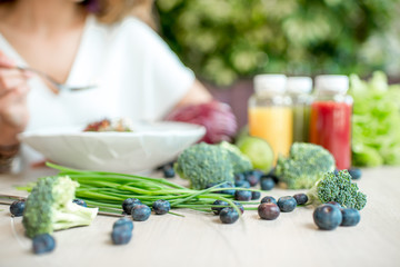 Healthy vegetarian food with smoothies on the table